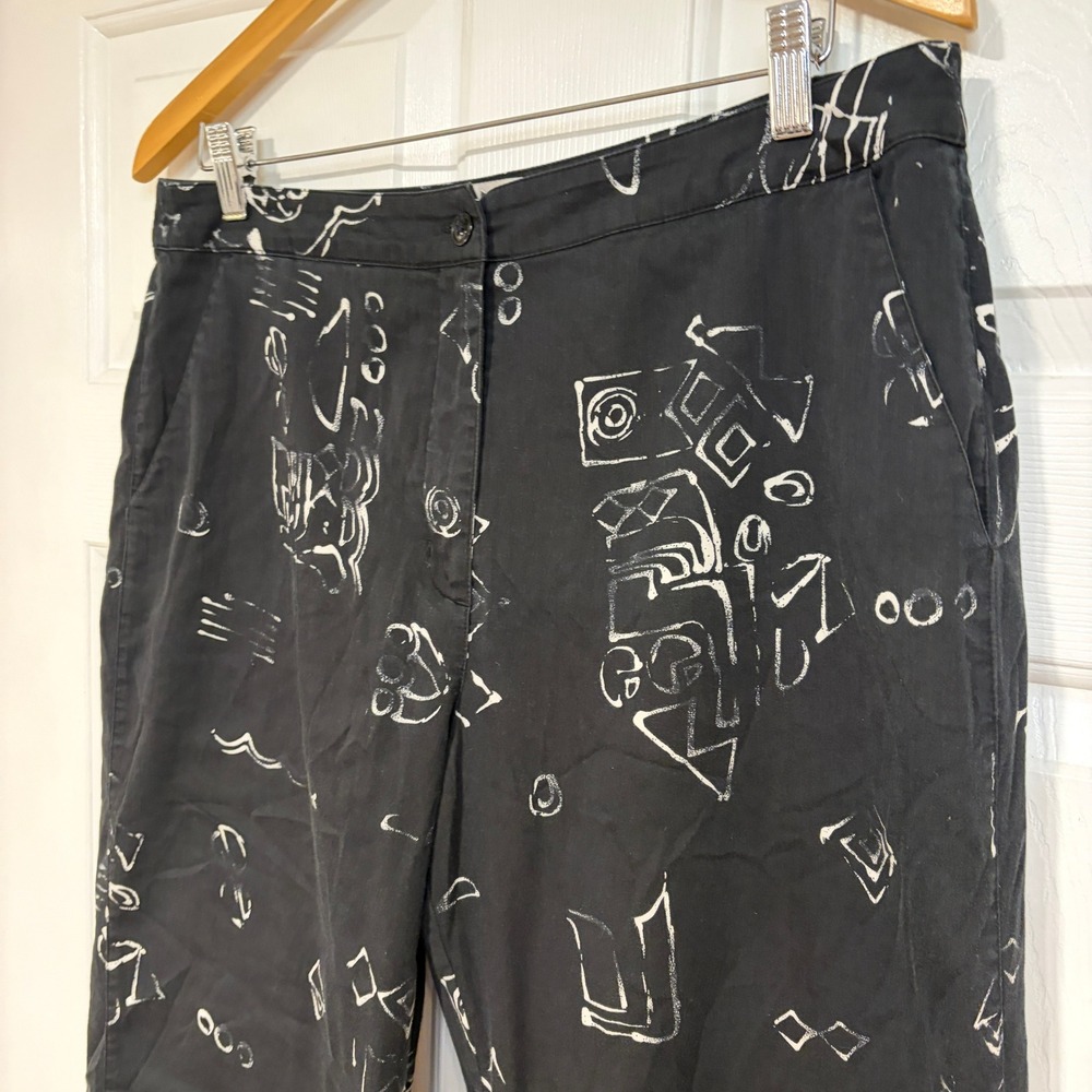 Chicos L 12 Cotton Black White Abstract Print Cropped Wide Leg‎ Pants Artistic